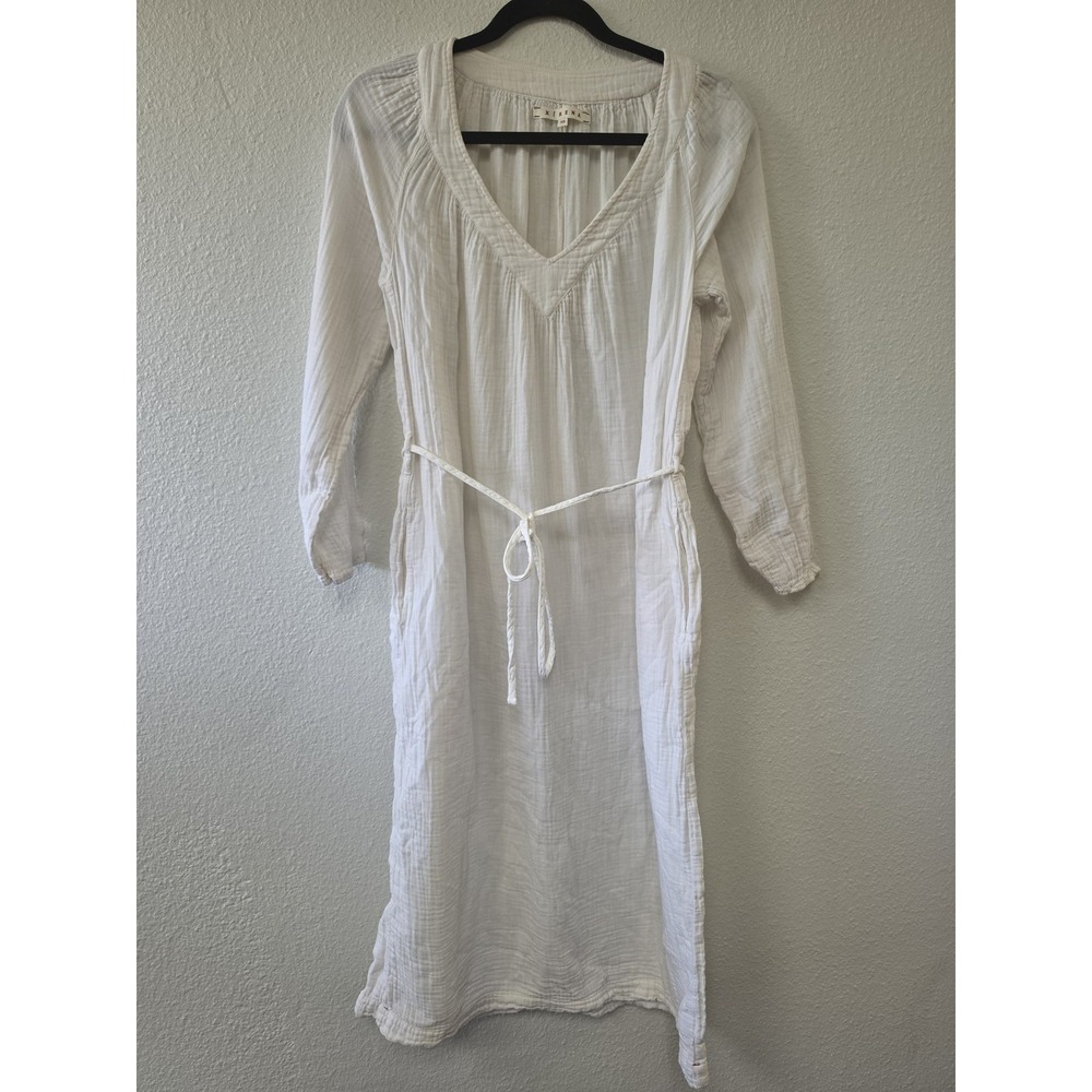 Xirena White Cotton Midi Dress XS V-Neck 3/4 Sleeve Casual Boho Sundress